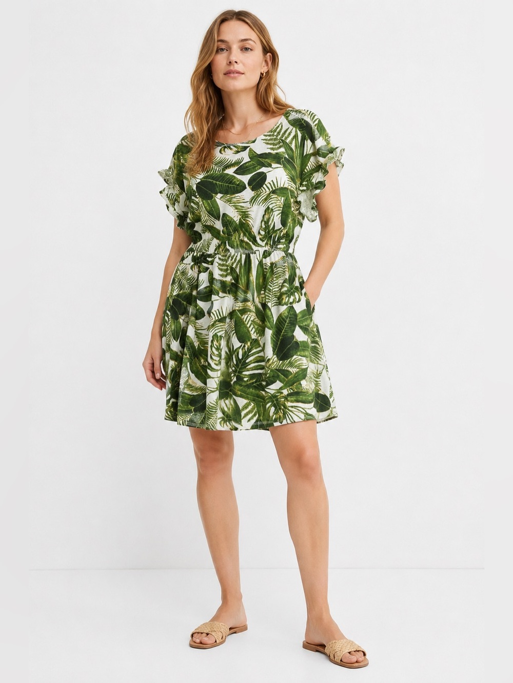 H&M Linen Blend Tropical Leaf Print Dress Medium Green Botanical Ruffle Sleeve